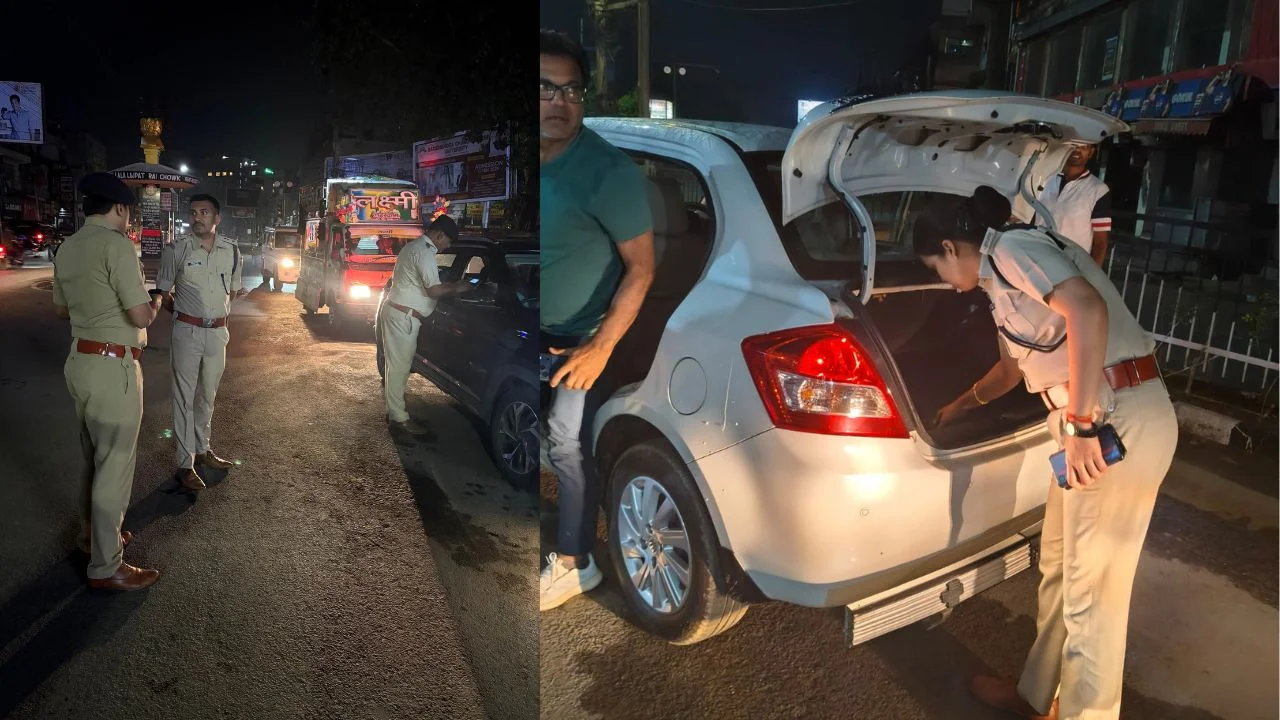 रांची के सुजाता चौक पर देर रात ब्रेथ एनालाइजर से वाहन चालकों की चेकिंग करती ट्रैफिक पुलिस