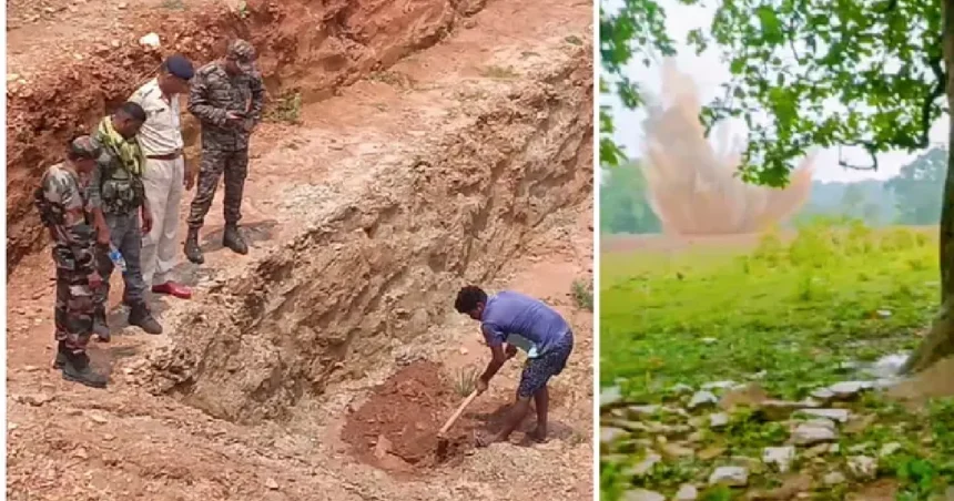 पश्चिमी सिंहभूम के मनोहरपुर सारंडा में सेना की बीडीडीएस टीम द्वारा नष्ट किया गया भारी संदिग्ध बम।