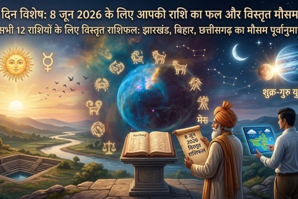 8 जून 2026 को बिहार, झारखंड और छत्तीसगढ़ में मौसम के बदलते मिजाज और बारिश के बादलों का आकाशीय दृश्य।