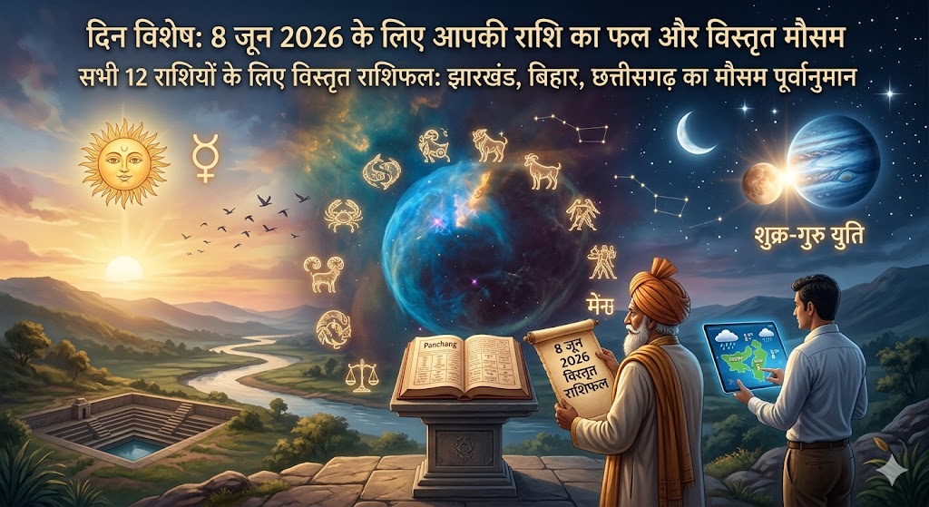 8 जून 2026 को बिहार, झारखंड और छत्तीसगढ़ में मौसम के बदलते मिजाज और बारिश के बादलों का आकाशीय दृश्य।