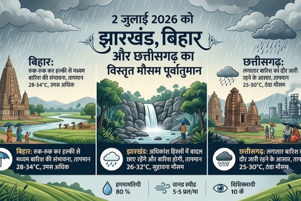 2 जुलाई 2026 को बिहार, झारखंड और छत्तीसगढ़ में मानसून की सक्रियता के चलते घने काले बादलों और भारी बारिश का नजारा।