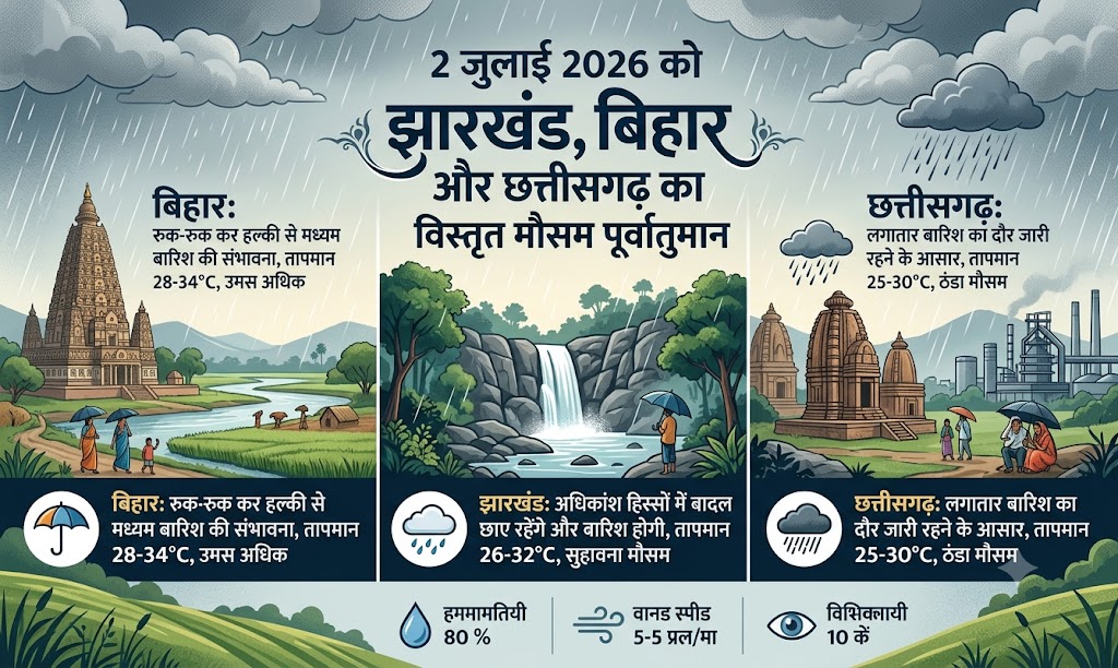 2 जुलाई 2026 को बिहार, झारखंड और छत्तीसगढ़ में मानसून की सक्रियता के चलते घने काले बादलों और भारी बारिश का नजारा।