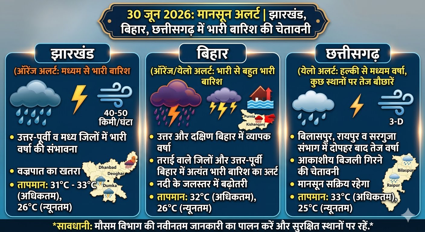 मानसून की सक्रियता के बीच धनबाद और बोकारो में भारी बारिश और आकाशीय बिजली चमकने का अलर्ट।