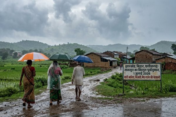 मानसून 2026 के दौरान झारखंड, बिहार और छत्तीसगढ़ में काले बादलों के बीच भारी बारिश और बिजली गिरने का अलर्ट।
