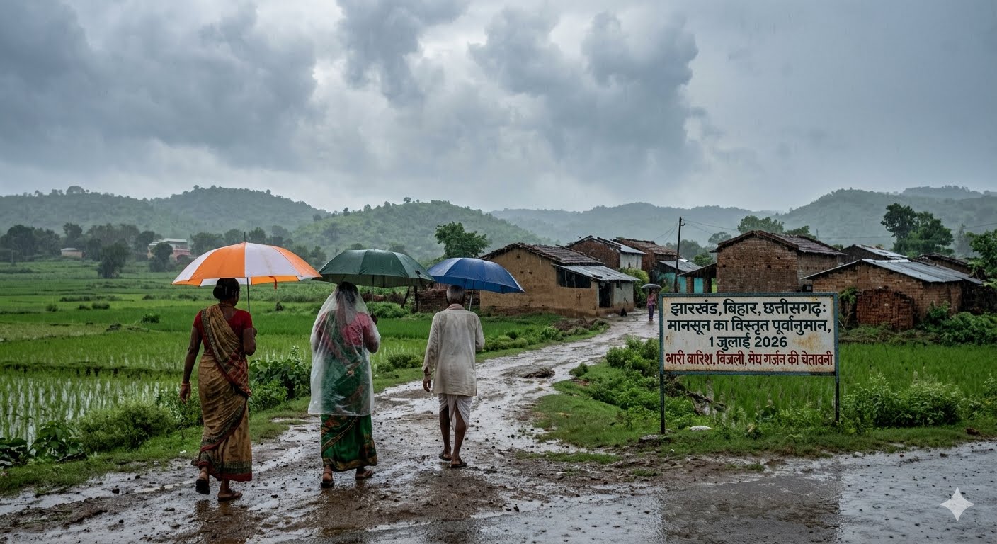 मानसून 2026 के दौरान झारखंड, बिहार और छत्तीसगढ़ में काले बादलों के बीच भारी बारिश और बिजली गिरने का अलर्ट।