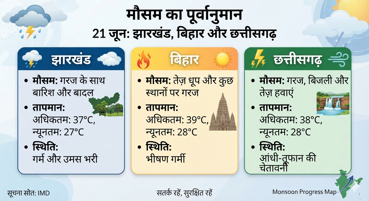 भारत मौसम विज्ञान विभाग IMD द्वारा झारखंड, बिहार और छत्तीसगढ़ के लिए जारी मॉनसून और बारिश का पूर्वानुमान।