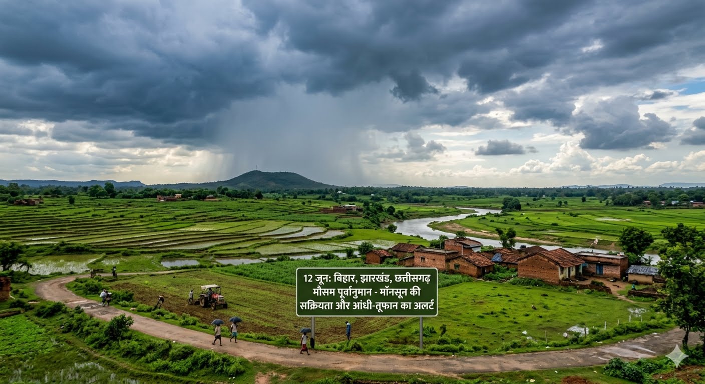 बिहार, झारखंड और छत्तीसगढ़ में 12 जून को मानसून की भारी बारिश और आंधी-तूफान का मौसम अलर्ट।
