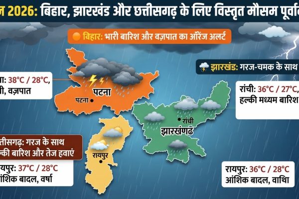 बिहार और झारखंड के मानचित्र पर छाए काले बादल और गरज के साथ भारी मानसून बारिश की सांकेतिक तस्वीर।