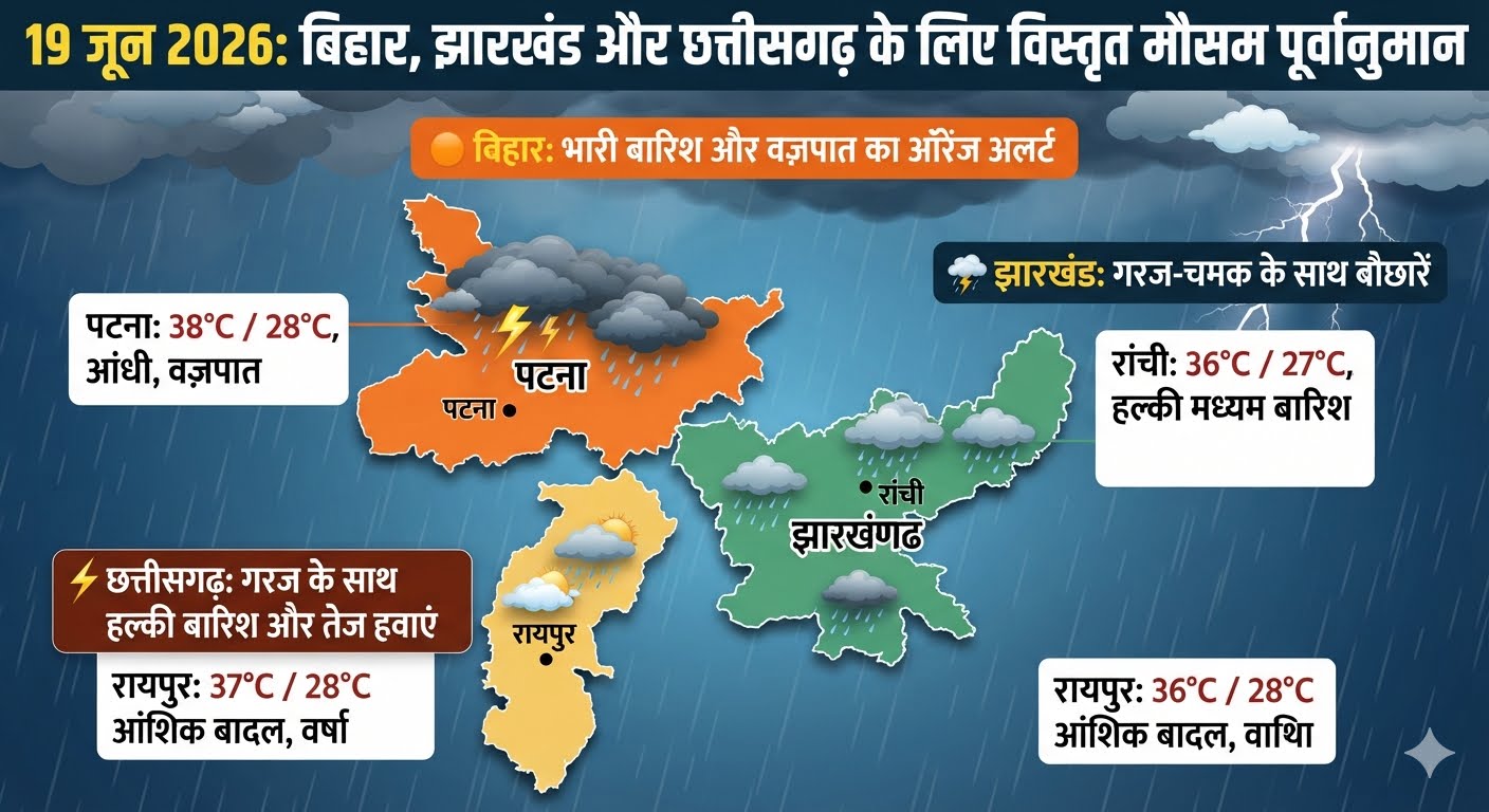 बिहार और झारखंड के मानचित्र पर छाए काले बादल और गरज के साथ भारी मानसून बारिश की सांकेतिक तस्वीर।