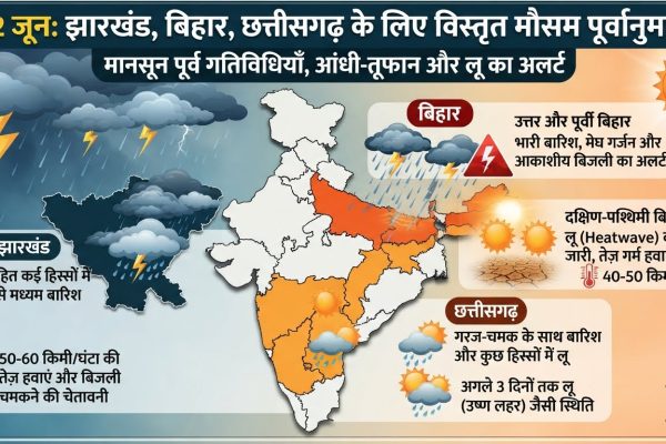 बिहार, झारखंड और छत्तीसगढ़ में मानसून पूर्व की गतिविधियों के कारण तेज आंधी और भारी बारिश का अलर्ट।