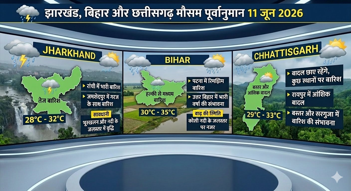 झारखंड बिहार छत्तीसगढ़ में 11 जून 2026 को बारिश और तेज हवाओं के साथ मौसम पूर्वानुमान