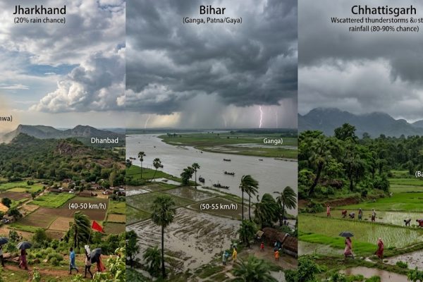 झारखंड, बिहार और छत्तीसगढ़ में मॉनसूनी बारिश और काले बादलों का मौसम।