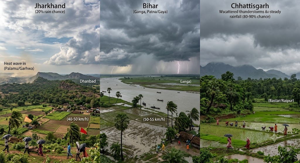 झारखंड, बिहार और छत्तीसगढ़ में मॉनसूनी बारिश और काले बादलों का मौसम।