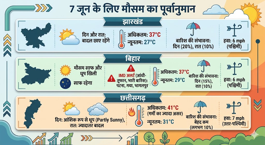 7 जून 2026 को झारखंड, बिहार और छत्तीसगढ़ के मौसम अपडेट के विवरण को दर्शाता हुआ क्षेत्रीय मानचित्र।