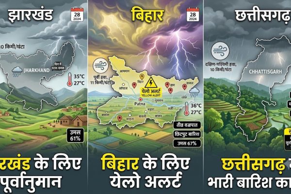 झारखंड, बिहार और छत्तीसगढ़ में 28 जून को मानसून की सक्रियता से गरज-चमक के साथ होती बारिश।