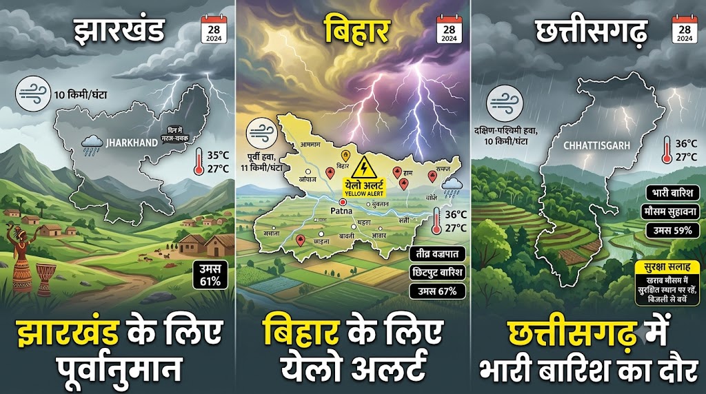 झारखंड, बिहार और छत्तीसगढ़ में 28 जून को मानसून की सक्रियता से गरज-चमक के साथ होती बारिश।