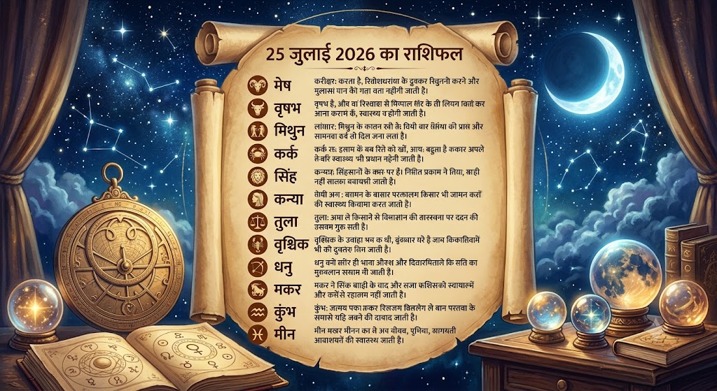 25 जुलाई 2026 का दैनिक राशिफल और सभी 12 राशियों के चक्र का ज्योतिषीय प्रतीक