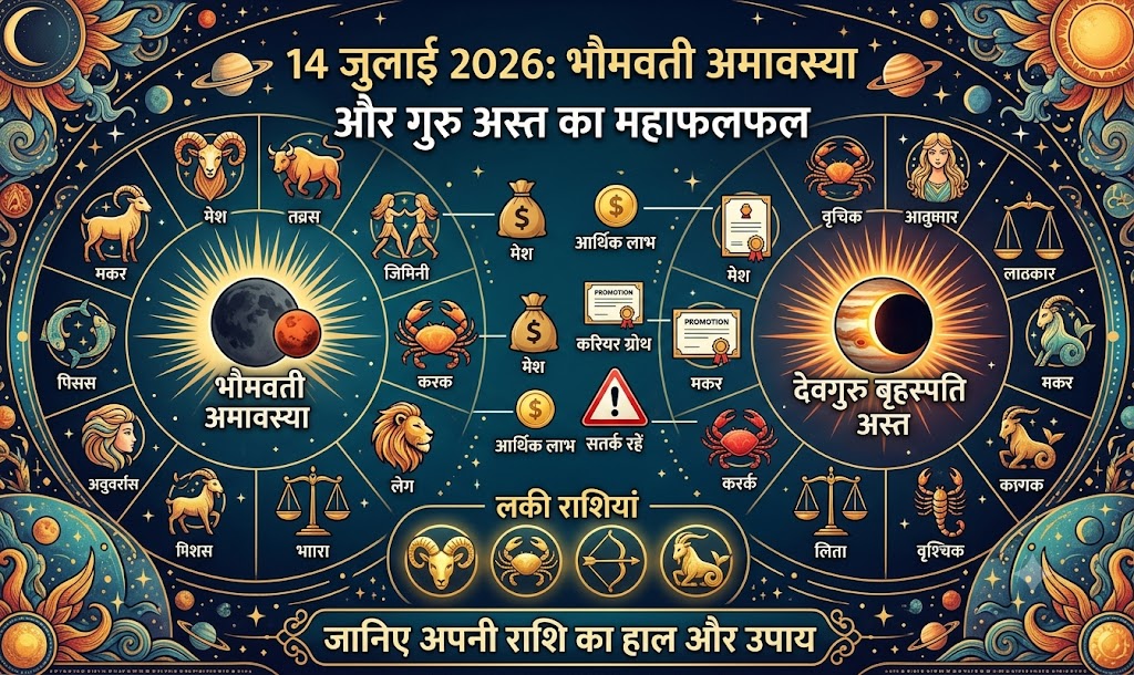14 जुलाई 2026 को भौमवती अमावस्या और गुरु अस्त के कारण सभी राशियों का राशिफल।