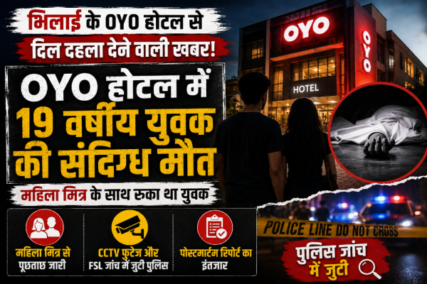 भिलाई के OYO होटल में युवक की संदिग्ध मौत के बाद जांच करती पुलिस टीम।