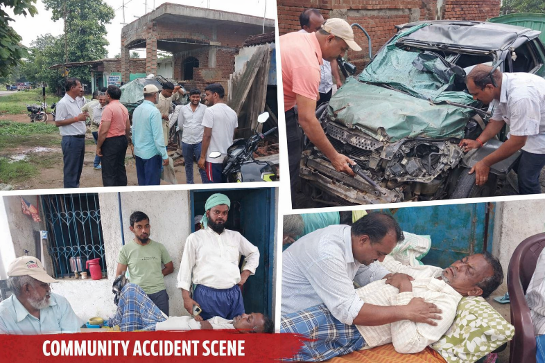 पेटरवार एनएच-23 पर दुर्घटनाग्रस्त चार पहिया वाहन और क्षतिग्रस्त मकान