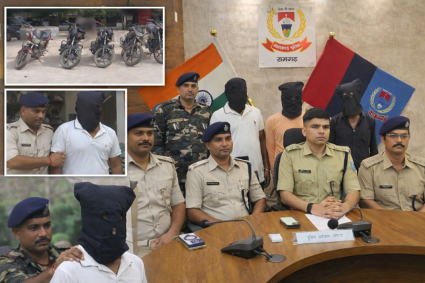 रामगढ़ पुलिस द्वारा बरामद सात चोरी की मोटरसाइकिल और गिरफ्तार वाहन चोर।