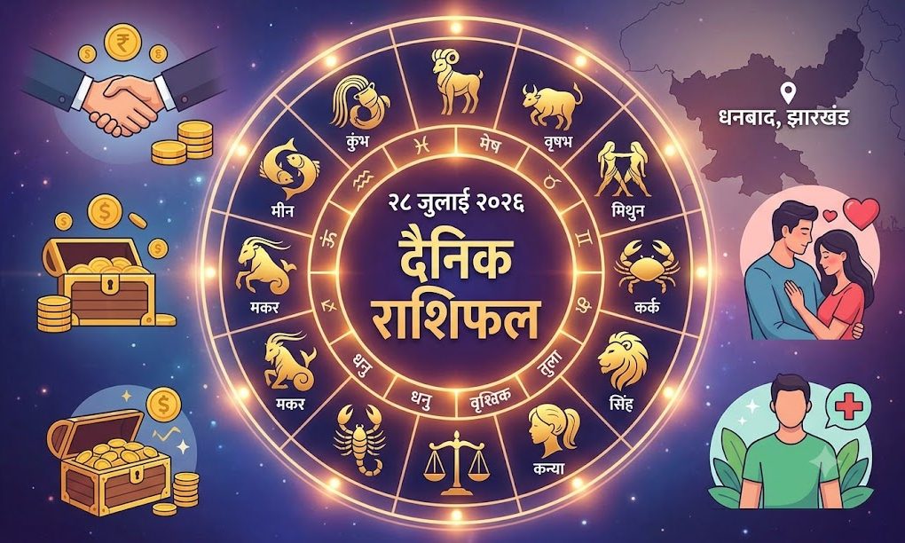28 जुलाई 2026 दैनिक राशिफल का पहिया और सभी 12 राशियों के प्रतीक चिन्ह