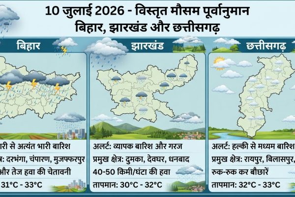 10 जुलाई 2026 को बिहार, झारखंड और छत्तीसगढ़ में मानसून की सक्रियता और भारी बारिश का पूर्वानुमान