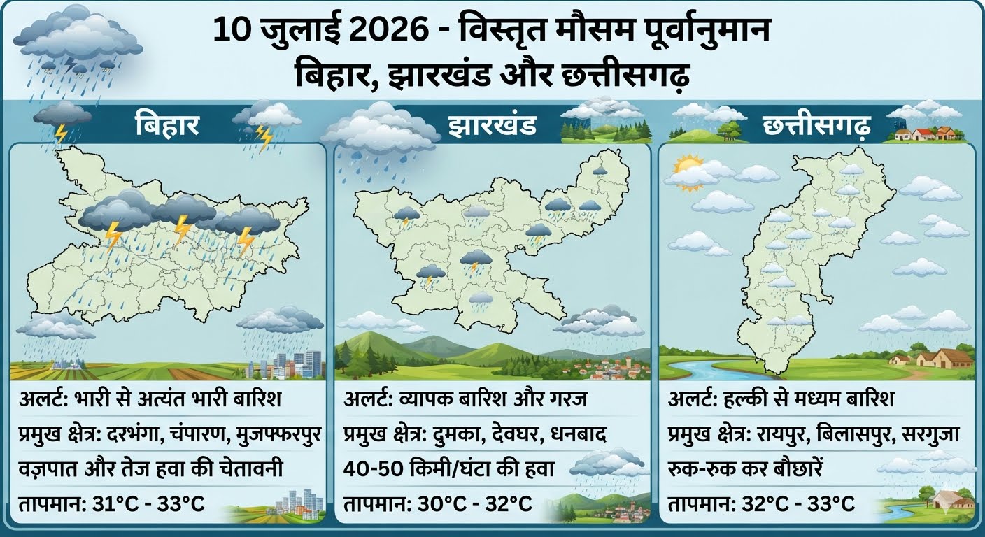 10 जुलाई 2026 को बिहार, झारखंड और छत्तीसगढ़ में मानसून की सक्रियता और भारी बारिश का पूर्वानुमान