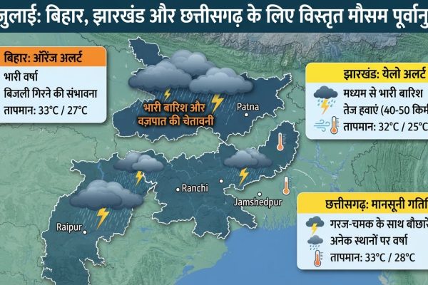 बिहार, झारखंड और छत्तीसगढ़ में मानसून सक्रिय होने के बाद आसमान में छाए काले बादल और भारी बारिश।