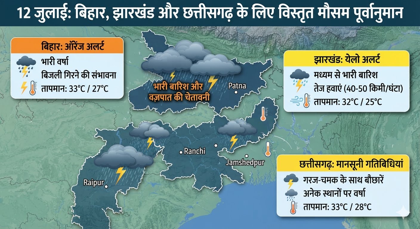बिहार, झारखंड और छत्तीसगढ़ में मानसून सक्रिय होने के बाद आसमान में छाए काले बादल और भारी बारिश।