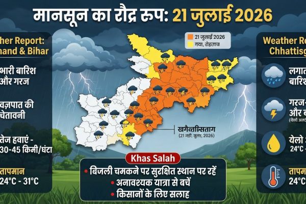 बिहार, झारखंड और छत्तीसगढ़ में 21 जुलाई को भारी बारिश और मानसून अलर्ट को दर्शाती मौसम की स्थिति।