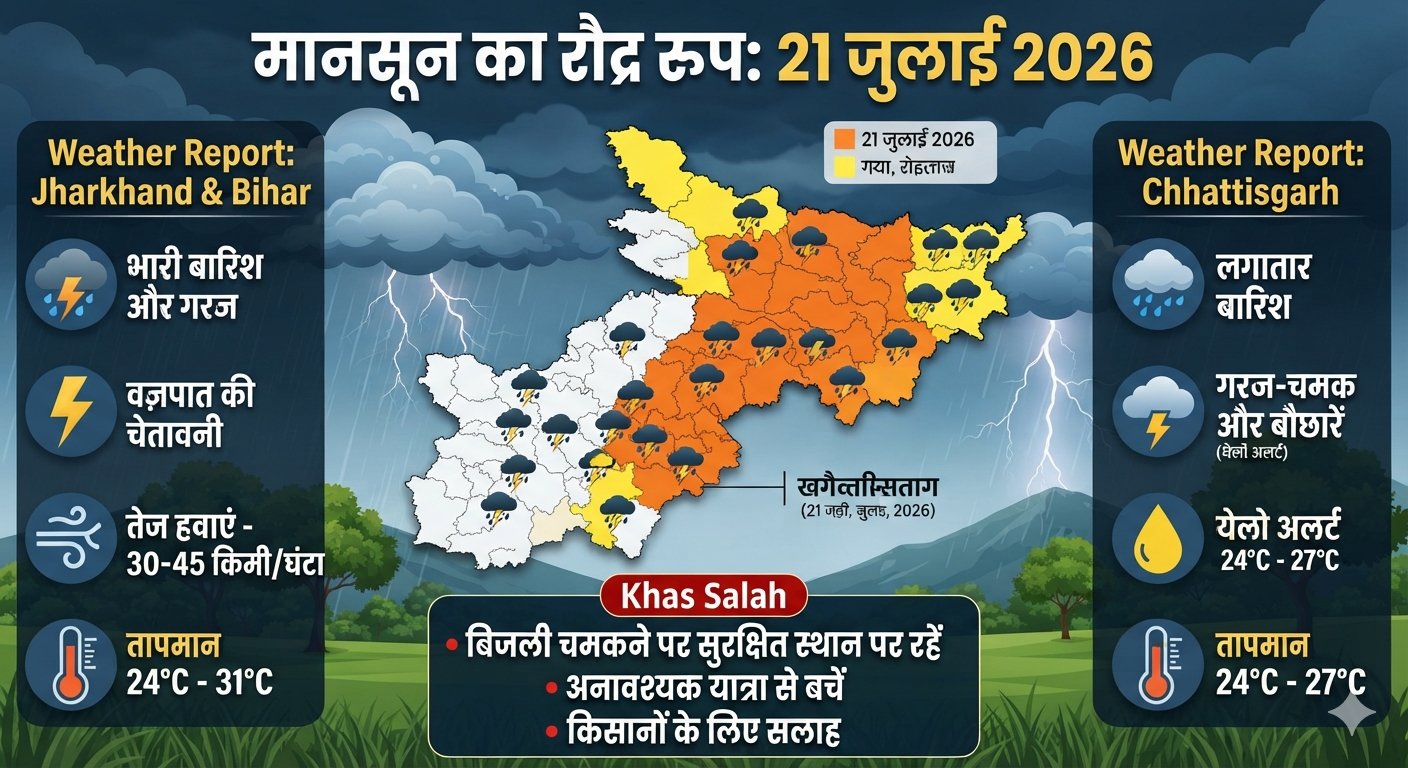 बिहार, झारखंड और छत्तीसगढ़ में 21 जुलाई को भारी बारिश और मानसून अलर्ट को दर्शाती मौसम की स्थिति।