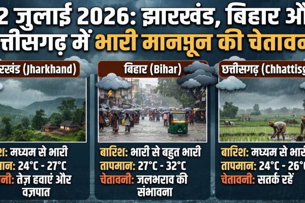 22 जुलाई को बिहार, झारखंड और छत्तीसगढ़ में मानसून की भारी बारिश और वज्रपात का मौसम अलर्ट