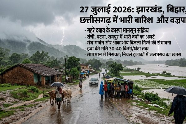 27 जुलाई 2026 को झारखंड, बिहार और छत्तीसगढ़ में भारी बारिश तथा वज्रपात का मौसम अलर्ट।