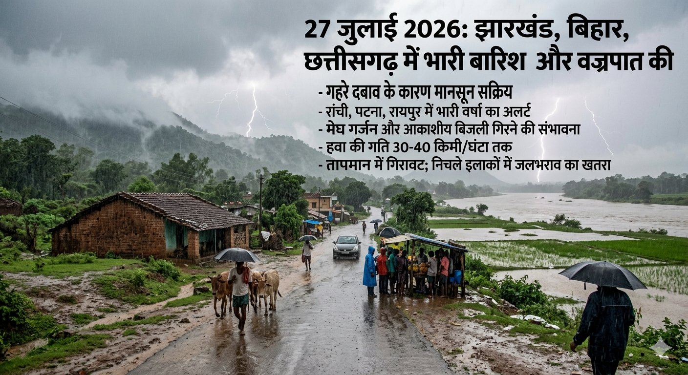 27 जुलाई 2026 को झारखंड, बिहार और छत्तीसगढ़ में भारी बारिश तथा वज्रपात का मौसम अलर्ट।