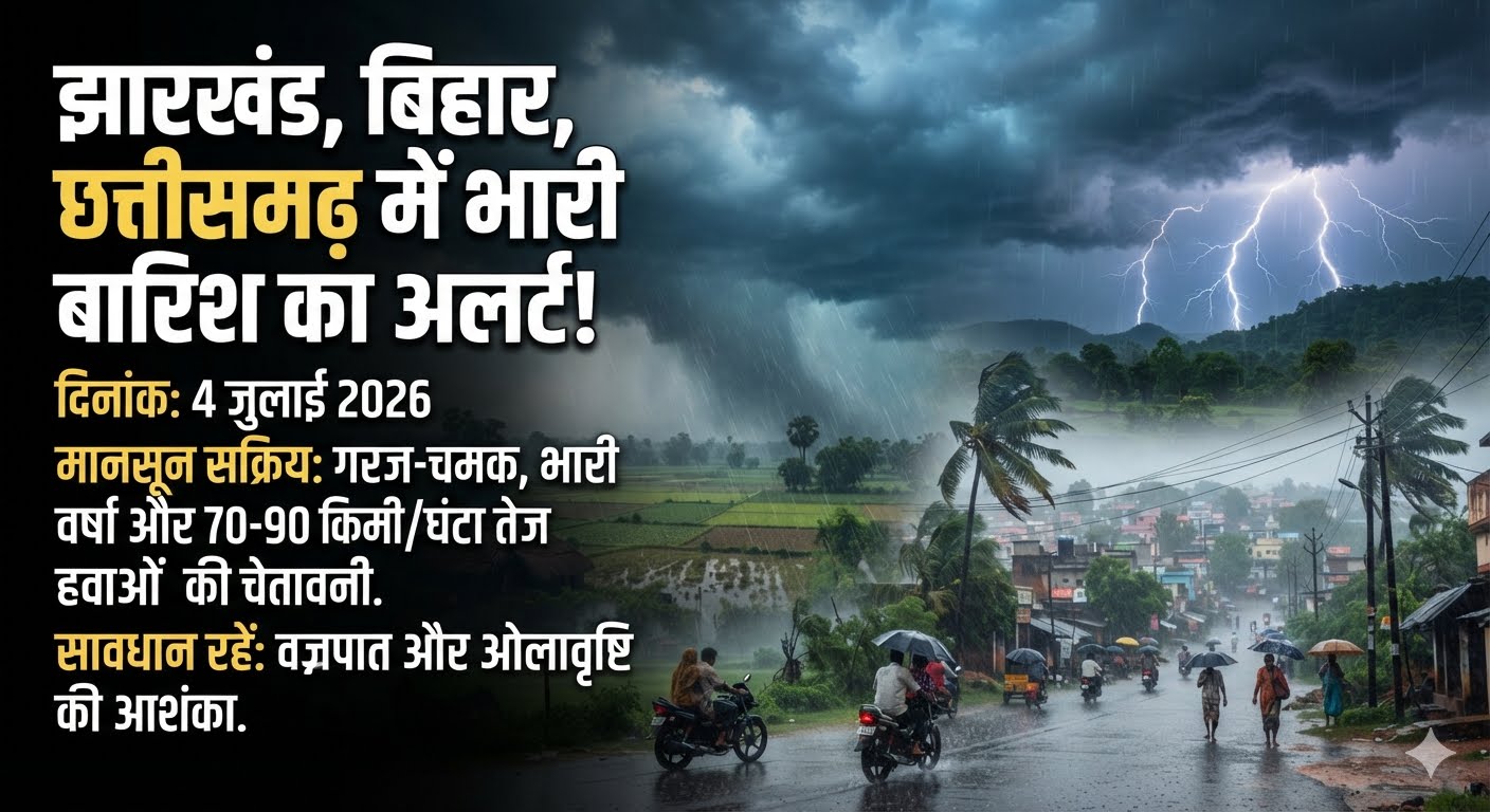 भारत मौसम विज्ञान विभाग ने झारखंड बिहार और छत्तीसगढ़ में भारी मानसूनी बारिश का अलर्ट जारी किया।