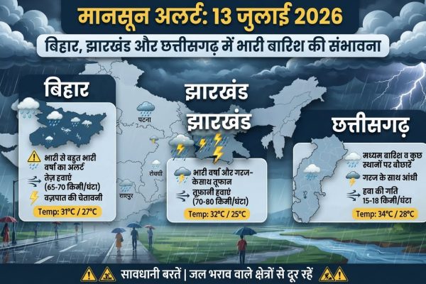बिहार और झारखंड में मानसून की भारी बारिश और बिजली चमकने का दृश्य।