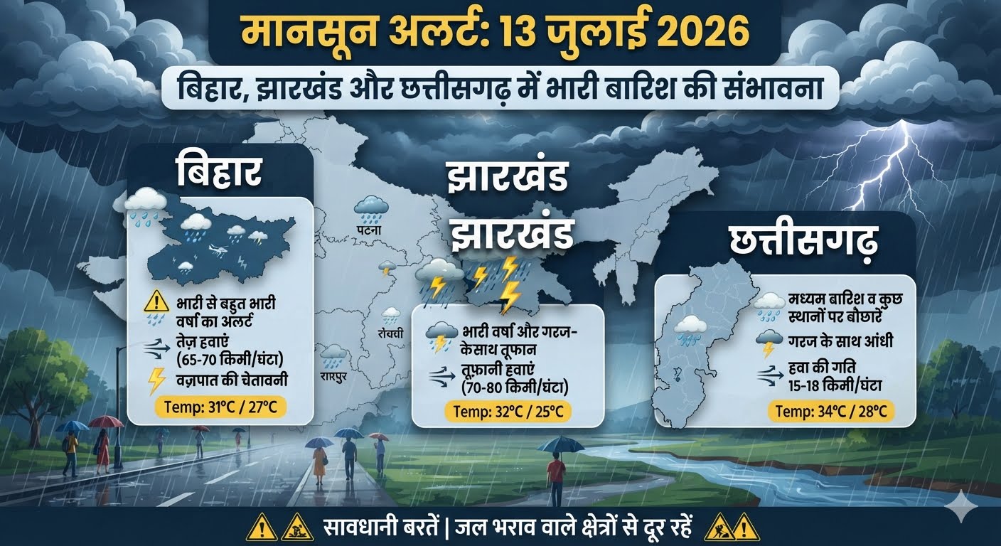 बिहार और झारखंड में मानसून की भारी बारिश और बिजली चमकने का दृश्य।