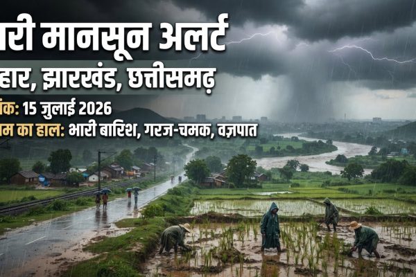 सक्रिय मानसून के कारण झारखंड, बिहार और छत्तीसगढ़ में काले बादल छाने और भारी बारिश का दृश्य।