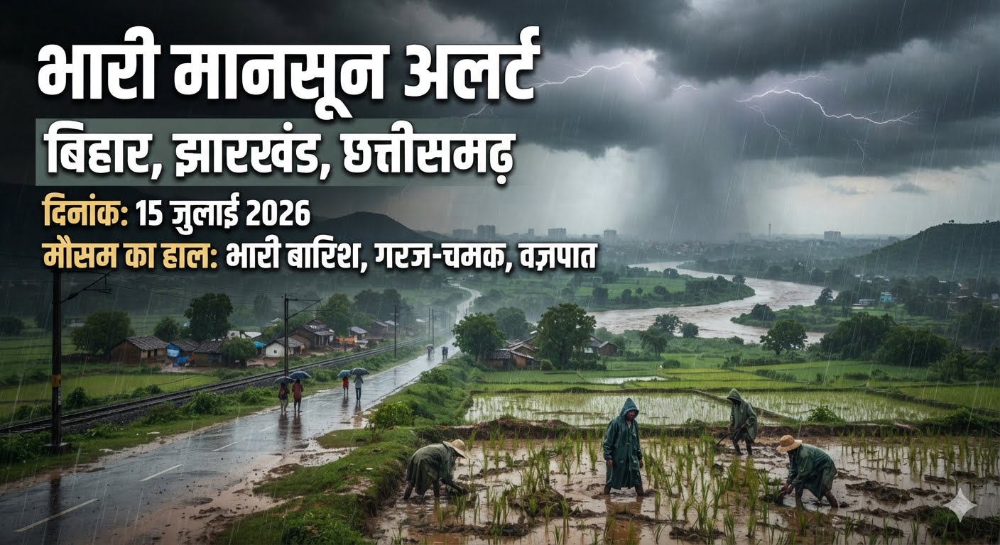 सक्रिय मानसून के कारण झारखंड, बिहार और छत्तीसगढ़ में काले बादल छाने और भारी बारिश का दृश्य।