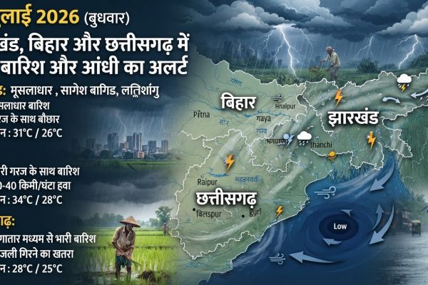 झारखंड, बिहार और छत्तीसगढ़ में मानसून की सक्रियता के कारण भारी बारिश और आंधी-तूफान का अलर्ट।