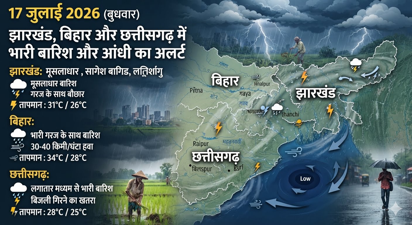 झारखंड, बिहार और छत्तीसगढ़ में मानसून की सक्रियता के कारण भारी बारिश और आंधी-तूफान का अलर्ट।