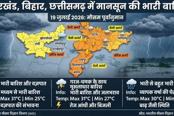 झारखंड बिहार और छत्तीसगढ़ में सक्रिय मानसून के दौरान आसमान में कड़कती बिजली और भारी बारिश
