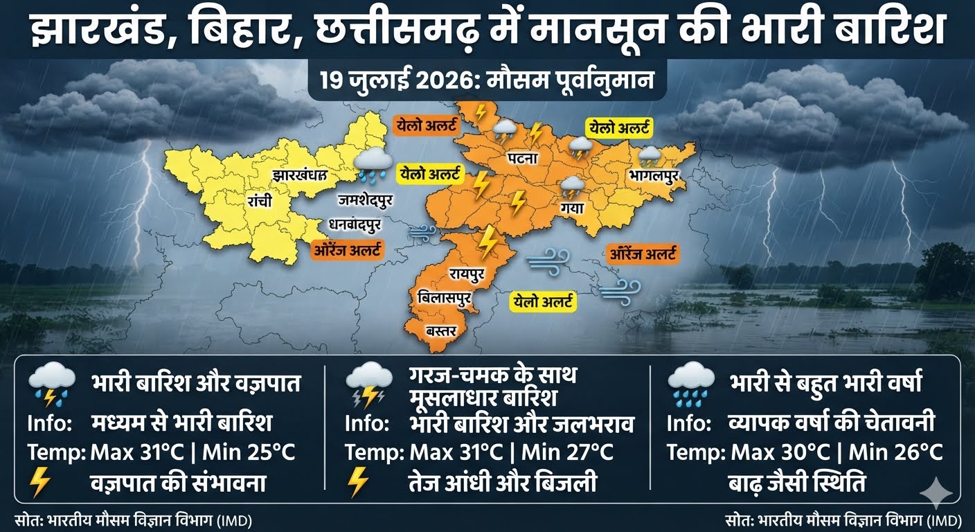 झारखंड बिहार और छत्तीसगढ़ में सक्रिय मानसून के दौरान आसमान में कड़कती बिजली और भारी बारिश