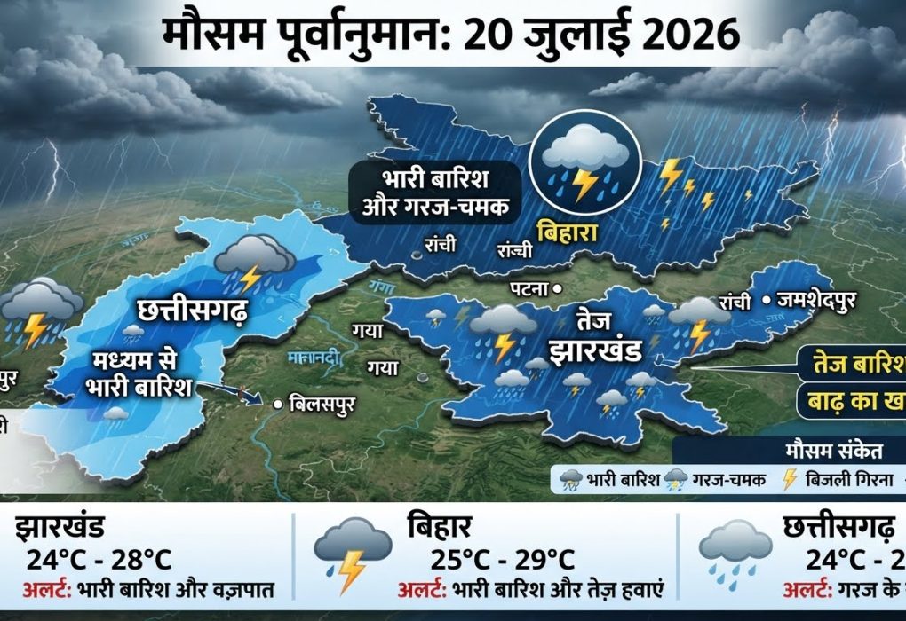 झारखंड, बिहार और छत्तीसगढ़ में सक्रिय मानसून के कारण भारी बारिश और बिजली कड़कने का मौसम अलर्ट।