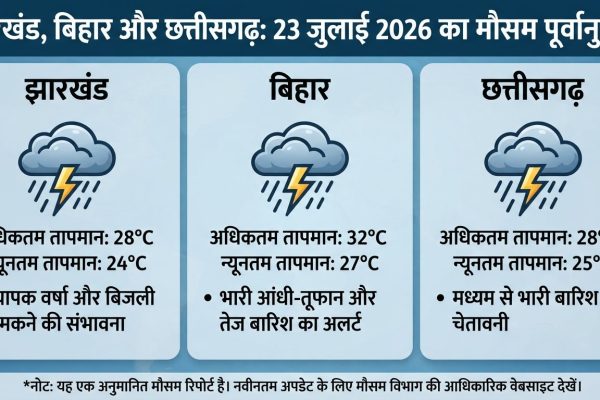 23 जुलाई 2026 को झारखंड, बिहार और छत्तीसगढ़ में मानसून की बारिश और काले बादलों का दृश्य।