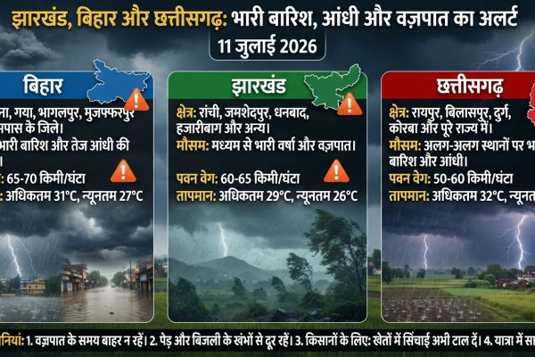बिहार, झारखंड और छत्तीसगढ़ में चक्रवाती परिसंचरण के कारण भारी मानसून बारिश और आंधी का आईएमडी अलर्ट।