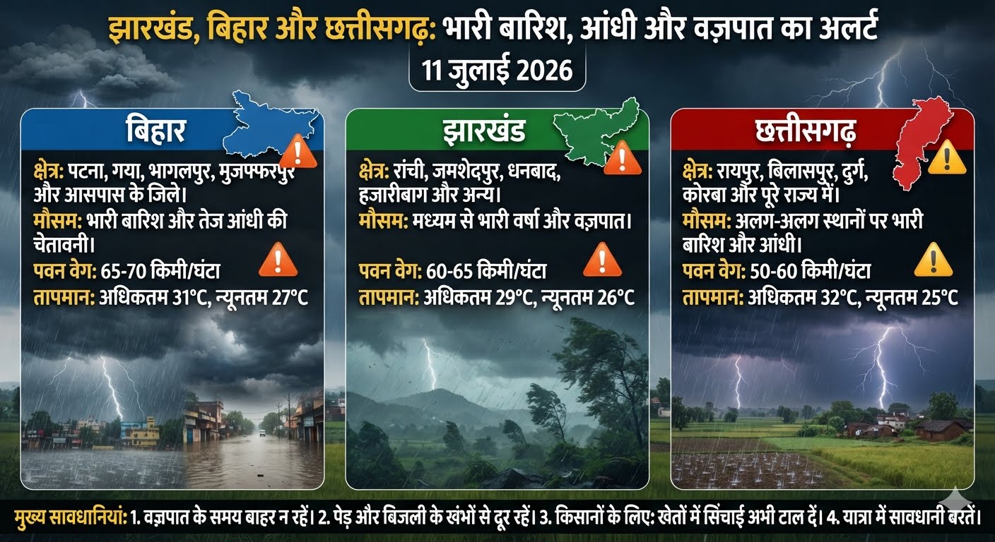 बिहार, झारखंड और छत्तीसगढ़ में चक्रवाती परिसंचरण के कारण भारी मानसून बारिश और आंधी का आईएमडी अलर्ट।