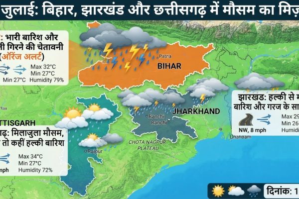 14 जुलाई 2026 को बिहार में भारी बारिश का ऑरेंज अलर्ट और झारखंड-छत्तीसगढ़ में मानसून का पूर्वानुमान।