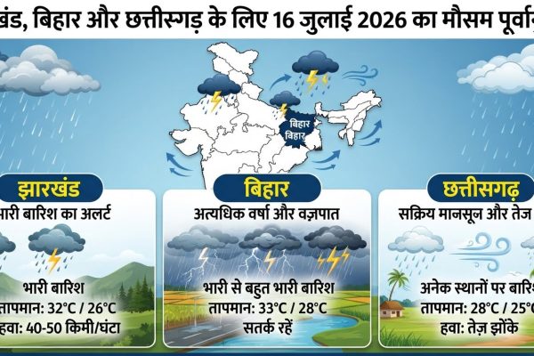 मानसून के सक्रिय होने से झारखंड, बिहार और छत्तीसगढ़ में भारी बारिश और तेज हवाओं का अलर्ट जारी।
